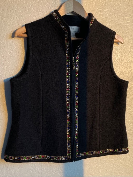 Lisa international Jackets & Blazers - Lisa International Black Wool Zip Vest with Multicolor Jewel Trim • Large